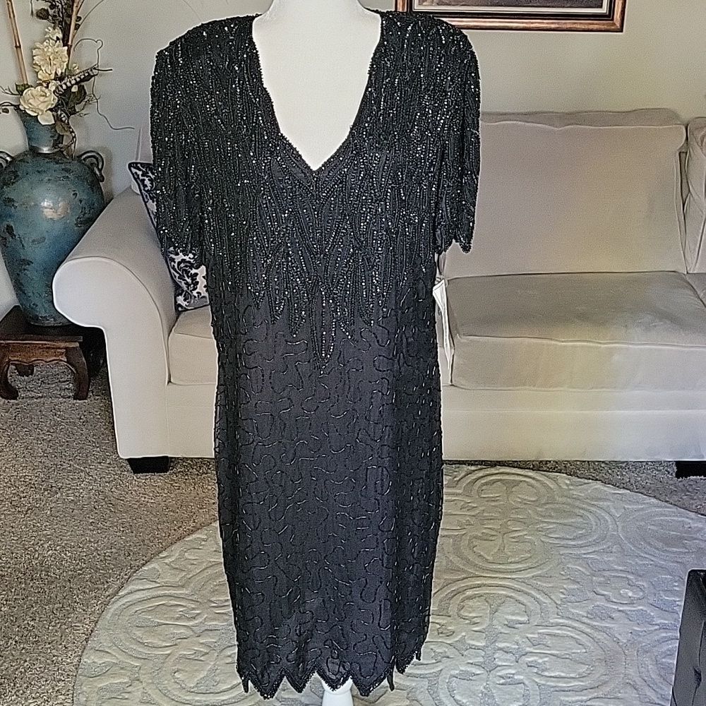 Silky Nites By Cherish Women's Silk Beaded Sequin Dress Size L